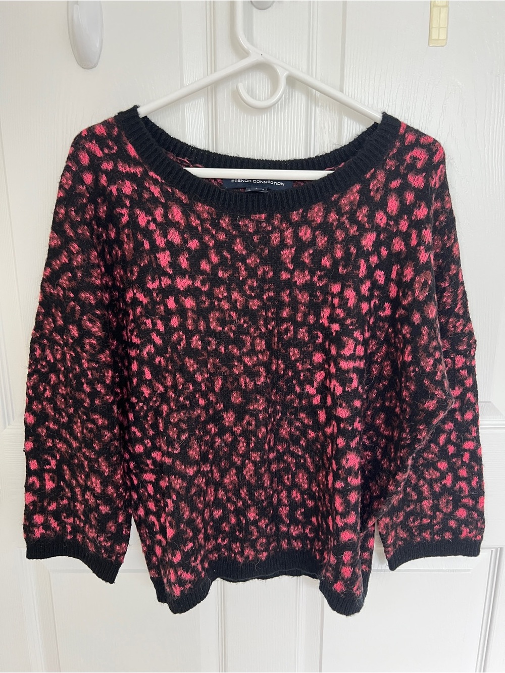 French Connection Black and Pink Leopard-Print Crew Neck Sweater